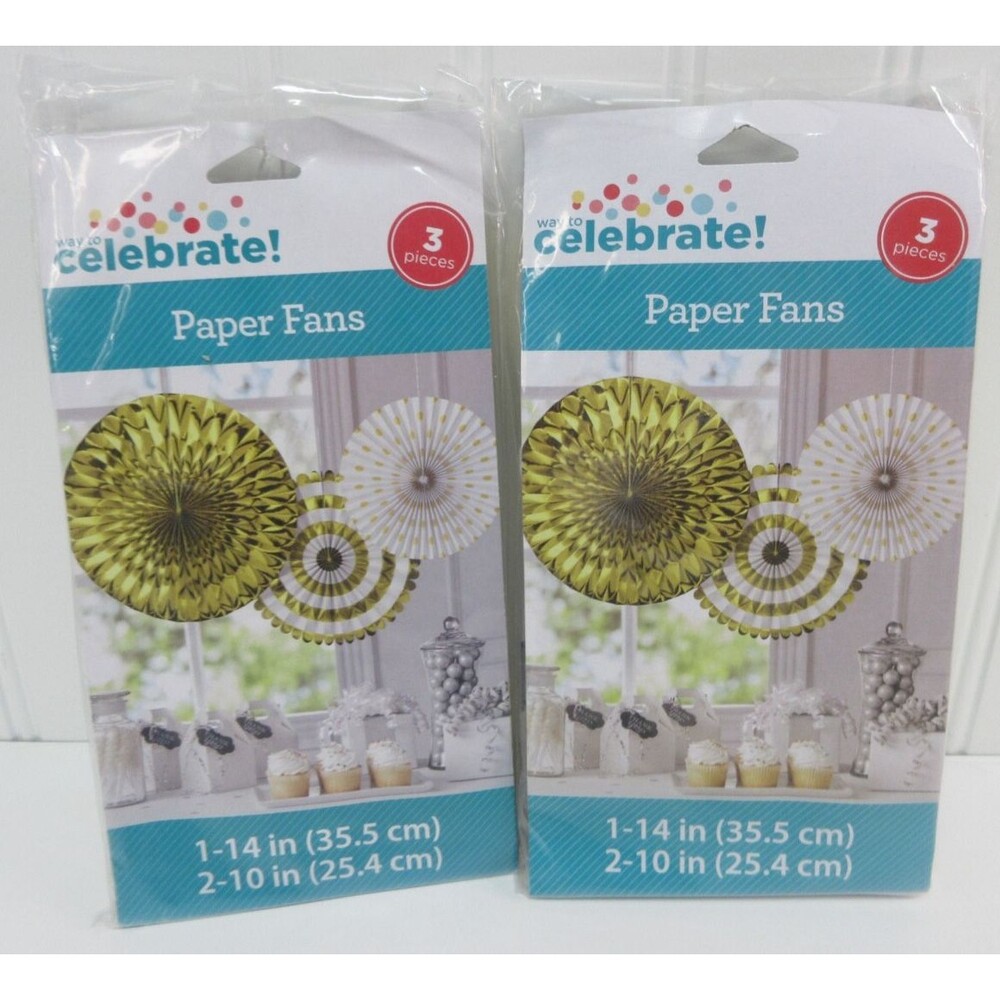 Lot of 2 Gold White Foil Paper Fans 3ct Party Wall Decorations Way to Celebrate